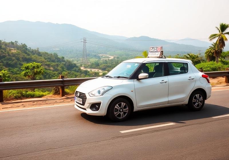 White Dzire sedan taxi on a highway
