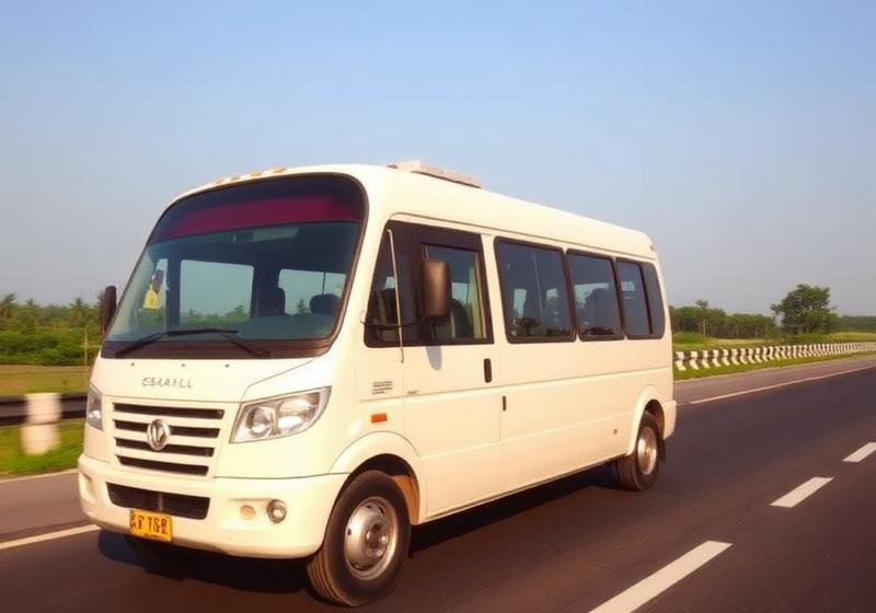 White tempo traveller minibus on a highway