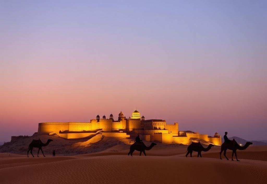 Jaisalmer golden fort with camels on Thar desert sand dunes at sunset