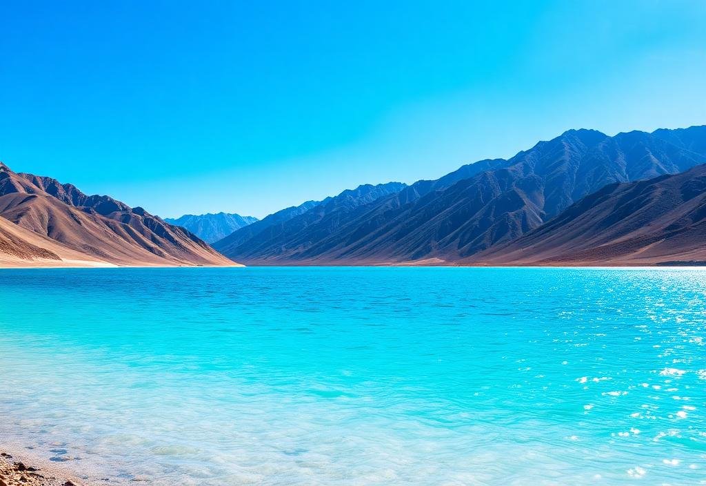 Turquoise Pangong Lake surrounded by barren mountains in Ladakh