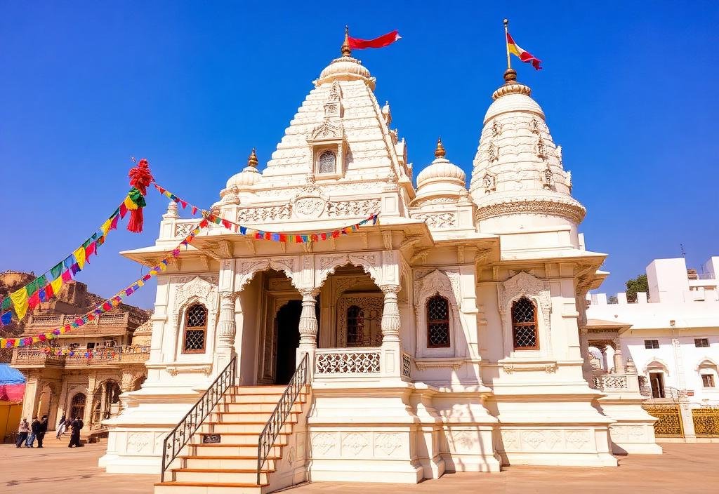 White marble Sanwariya Seth temple with colourful flags, Chittorgarh